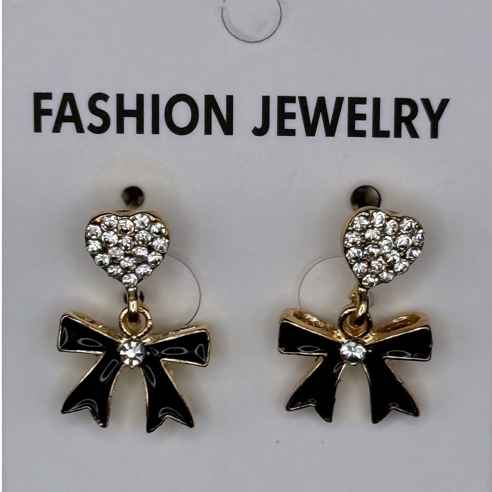 Fashion Jewelry Dangle Earrings Heart Black Bow Crystal Accent Gold Tone‎